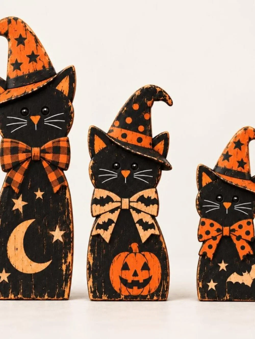 2D Halloween Cat Wooden Blocks, 3ps Wooden Halloween Tiered Tray Decor